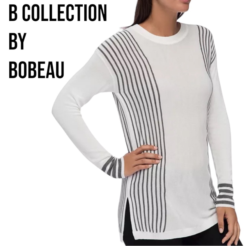 B Collection by Bobeau CLEO STRIPED SWEATER Small WHITE GRAY Tunic EUC